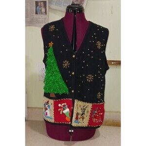 Lisa International Ugly Christmas Sweater Vest Beaded Embroidered Size S